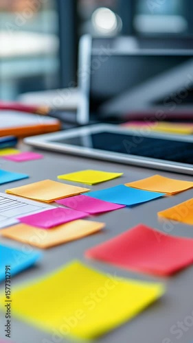 Colorful sticky notes and a document sit on a desk with a laptop in the background