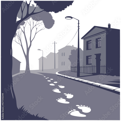 Footprints leading down a quiet misty street lined with houses and trees illuminated by a solitary street lamp