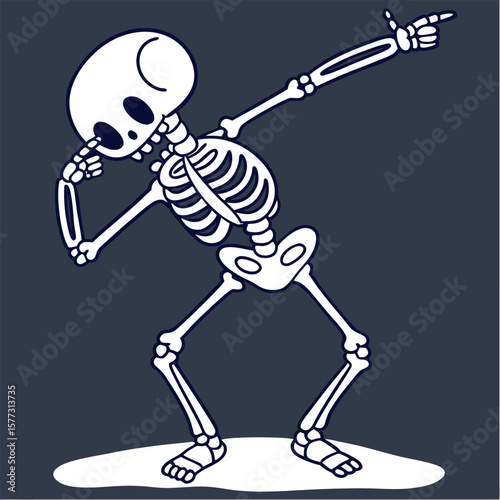 Cartoon skeleton dabbing with one arm pointed upwards and the other bent towards its head in a dark scene