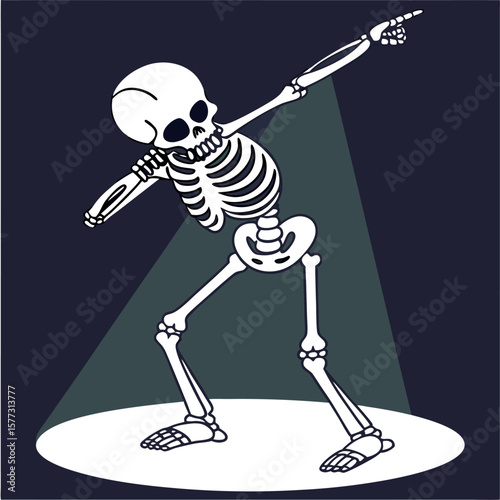A cartoon skeleton dabbing under a spotlight with a dark background and white circle underneath it all