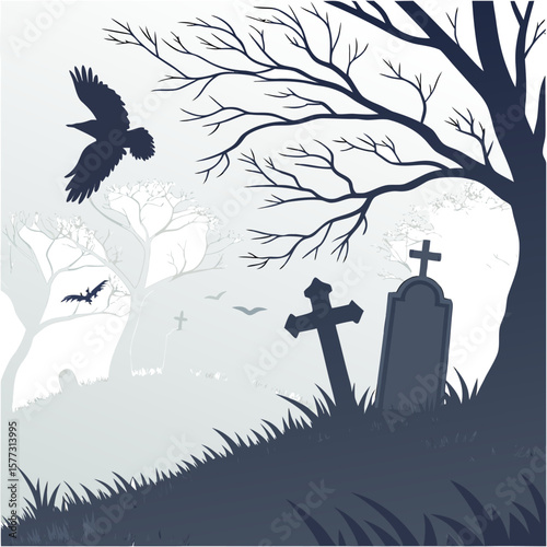 Silhouette of a graveyard with tombstones, a bare tree, a flying crow, and a bat in a spooky atmosphere