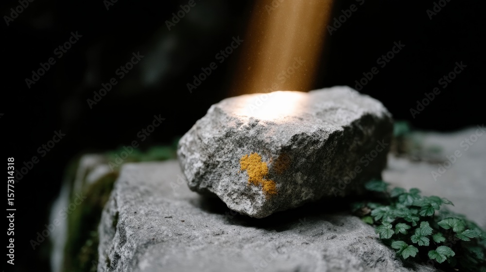 Fototapeta premium Textured stone with lichen illuminated by soft light next to delicate green leaves