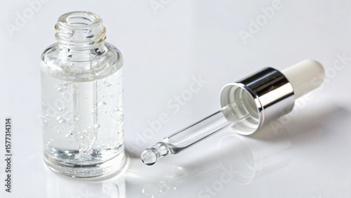 Photos A clear serum bottle and dropper isolated on white background with a droplet