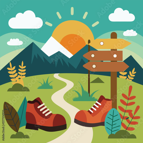 Scenic vector illustration of hiking boots and signpost on a winding trail in a picturesque mountain landscape