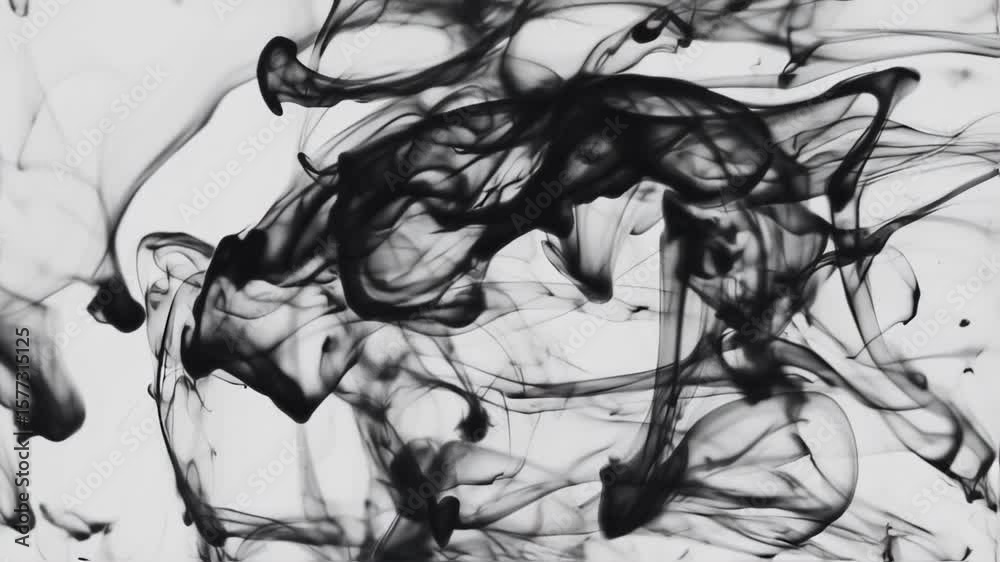 Abstract black ink diffusion in water, smoky organic shapes on white. Dynamic liquid art texture.