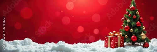 Red background with Christmas tree, gift, snow, ice Happy New Year & Merry Christmas concept , winter, snow