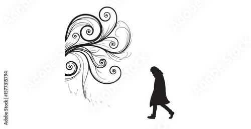 Man walking with swirling floral design and abstract particles silhouette