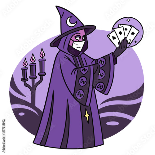A masked wizard in a purple robe holds cards with a moon on his hat and candles to the side near waves
