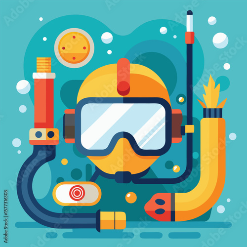 Colorful flat illustration depicting snorkel gear and diving mask set against a blue water background