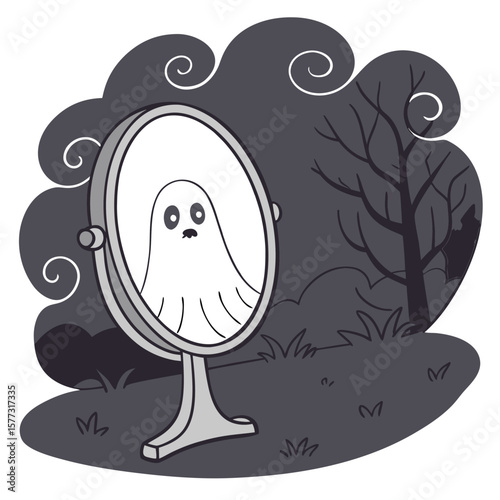 A cartoon ghost reflected in a standing mirror with a spooky forest background and swirling cloud designs
