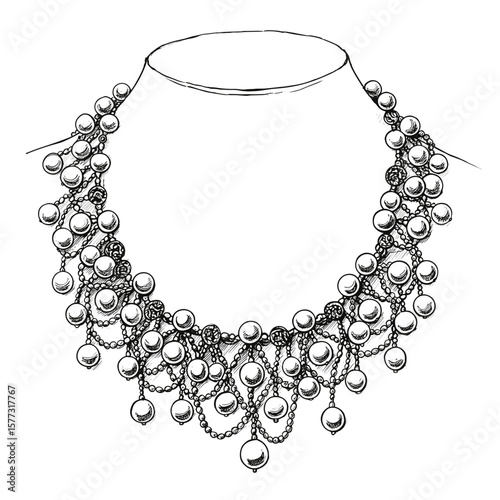 Retro sketch of pearl and bead necklace - black and white illustration