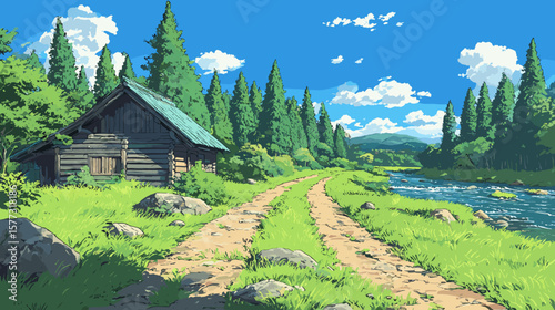 夏空の田舎の風景と古民家、ベクターイラスト