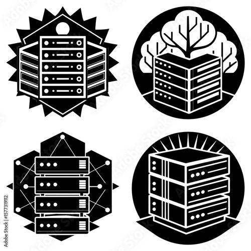 Four server rack icons in black and white with different backgrounds and design elements displayed