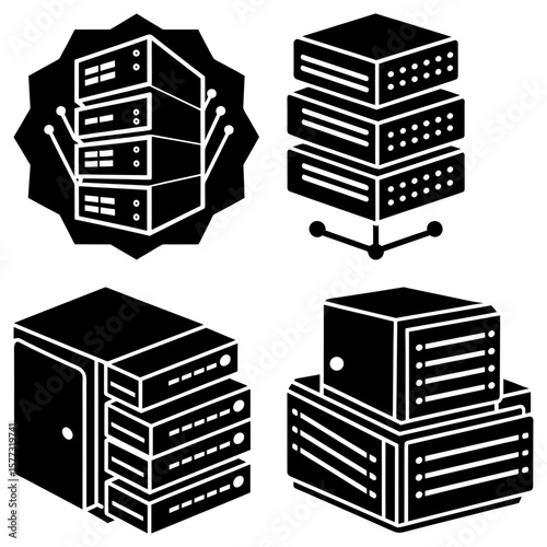 Illustration of several server racks and data storage units in a black and white graphic style design