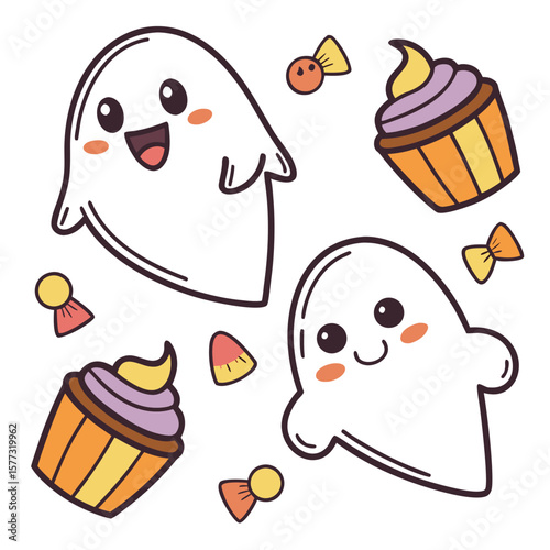 Illustration of three cartoon ghosts with candy and a pumpkin basket surrounded by stars and sweets