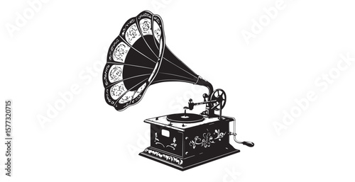 Vintage gramophone with ornate horn and detailed base silhouette