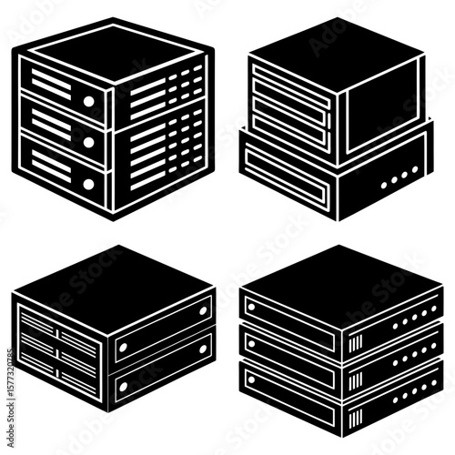 Isometric depiction of four server rack units in black and white showcasing data storage and processing power