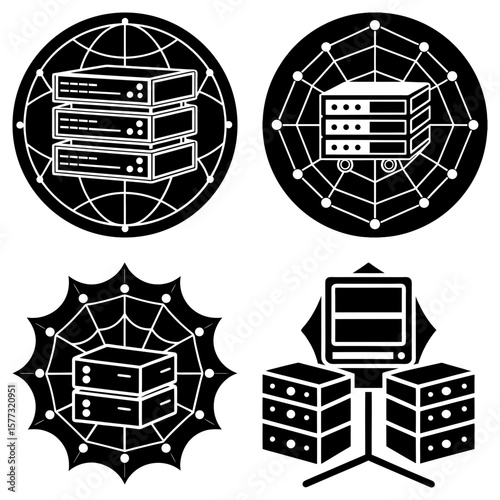 Four server icons showing data storage with network connections in a black and white vector illustration