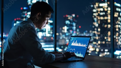 Person working on laptop at night with city lights out the window