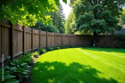 A sturdy, well-built fence encircles a lush green yard, providing a secure and protective boundary, ensuring peace of mind and safety within , secure, home, calm