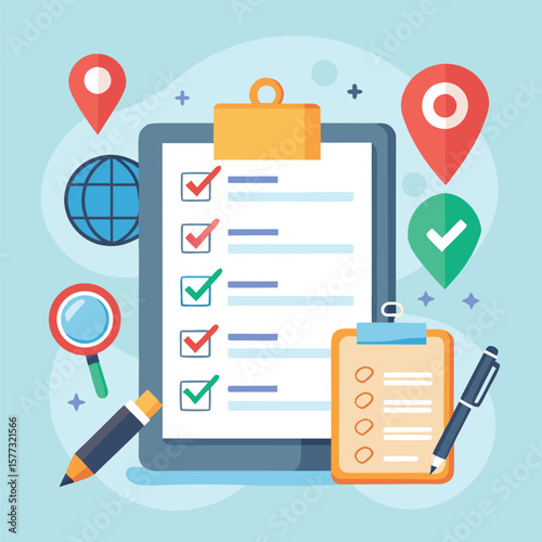 Checklist and location mapping symbolizing planning strategy progress with worldwide solutions and approved decisions