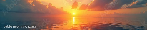 A vibrant sunrise over a calm ocean, reflecting the golden light and peaceful energy of a carefree day Perfect for travel, relaxation, and well-being themes , carefree, morning