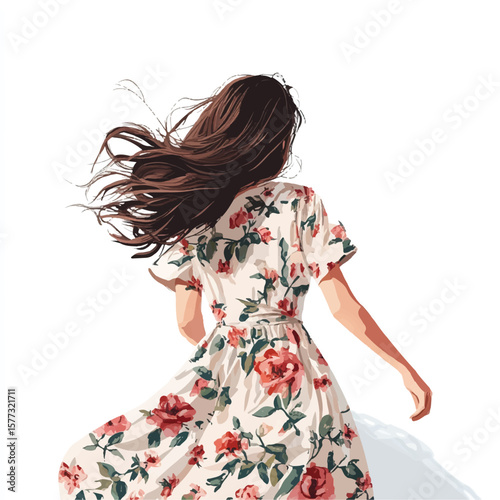 a girl in floral dress hair blown