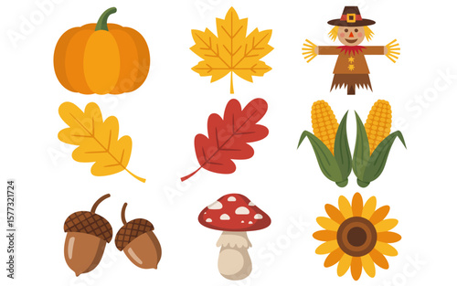 Colorful Autumn Harvest Vector Set in Flat Style Featuring Seasonal Fruits, Vegetables, Leaves, and Nature Elements for Fall Festival, Holiday Graphics, and Design Projects

