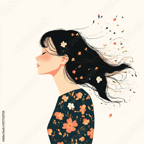a girl in floral dress hair blown