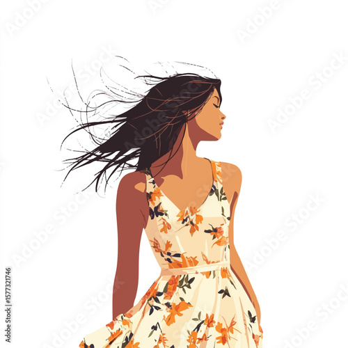 a girl in floral dress hair blown