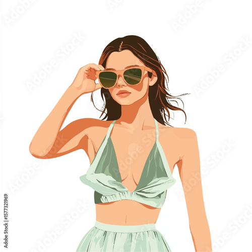 a girl in halter neck dress adjusting sunglasses