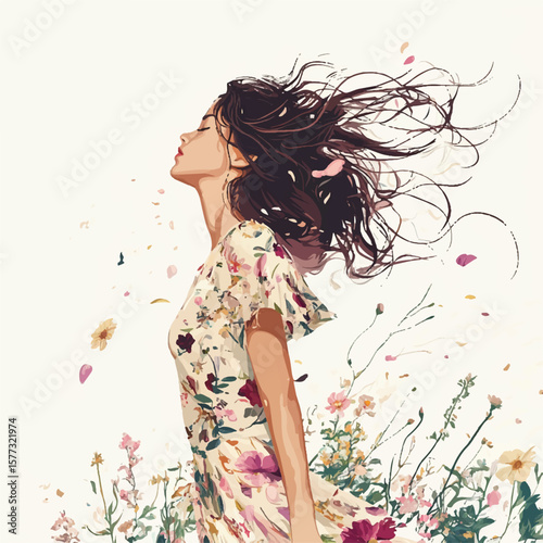 a girl in floral dress hair blown