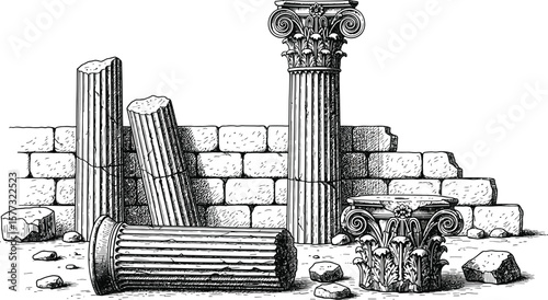 Illustration of ancient ruins with columns and a crumbling wall art