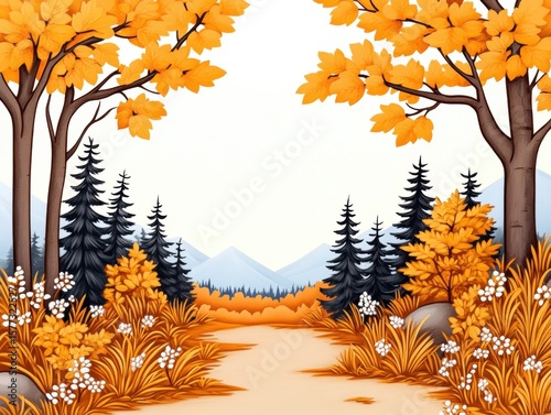 Autumn forest path. Mountains in background
