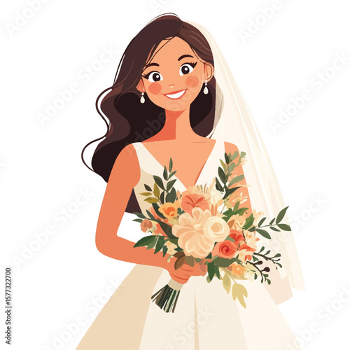 a girl in wedding dress holding bouquet