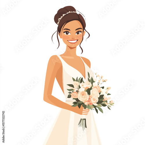a girl in wedding dress holding bouquet