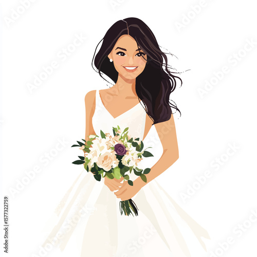 a girl in wedding dress holding bouquet