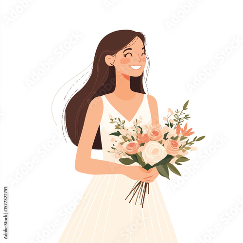 a girl in wedding dress holding bouquet
