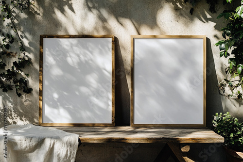 wo empty frame for wall art mockup positioned on a rustic wooden table, surrounded by natural light and greenery, inviting creativity