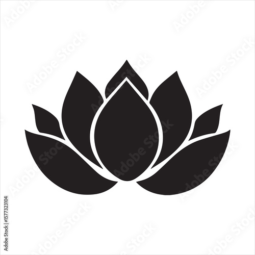 Black and white lotus flower silhouette icon symbolizing purity and meditation.