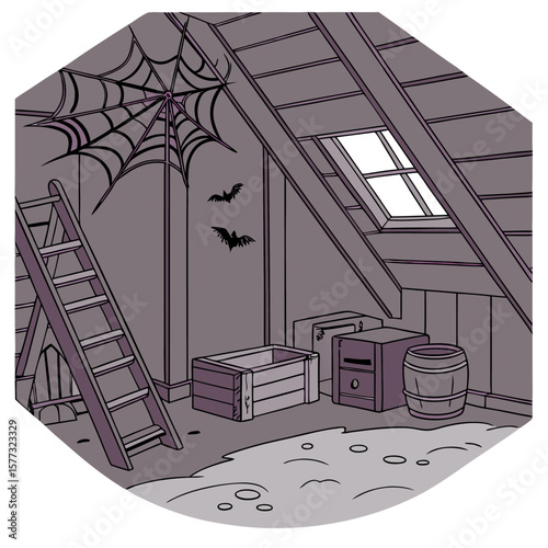 Illustration of an attic with a ladder, spiderweb, bats, a crate, boxes, barrel, and a skylight window
