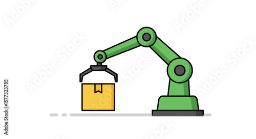 Green Industrial Robotic Arm Lifting a Yellow Package Automation Technology in Manufacturing