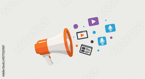 Digital Marketing Illustration Loudspeaker Promoting Multimedia Content on Light Background
