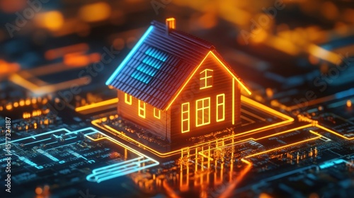 A glowing energy efficiency rating icon on a virtual screen, emphasizing sustainable house building and energy audits.