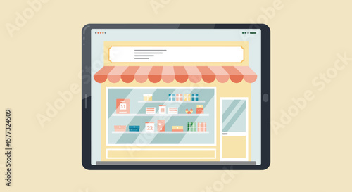 Digital Retail Illustration of an Online Storefront on a Tablet for Ecommerce Concepts