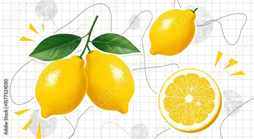 Halftone Lemons with Vibrant Accents: A Distressed Black and White Graphic Featuring Whole and Sliced Yellow Lemons with Green Stem and Leaf on a Geometric Grid
