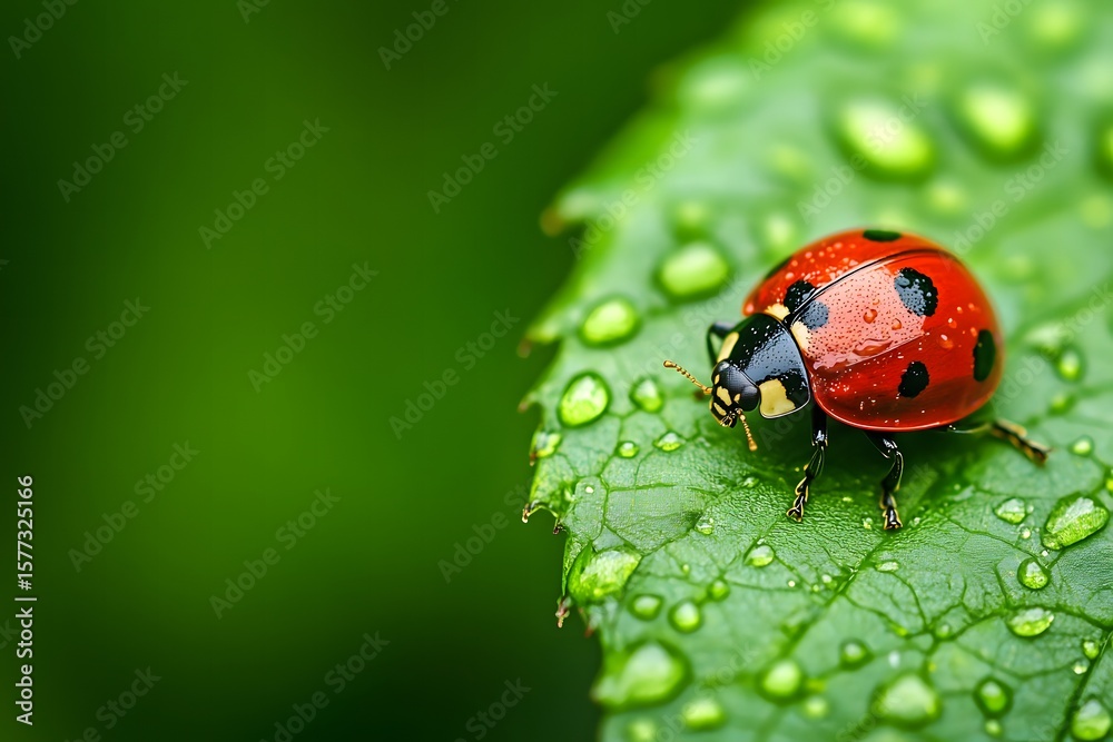 Fototapeta premium Close-Up of a Vibrant Red Ladybug on a Raindrop-Laden Green Leaf