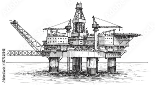 Offshore Oil Rig Black and White Sketch Illustration
