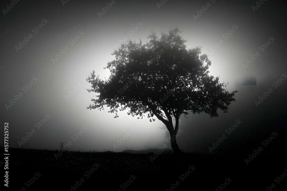 Fototapeta premium A solitary tree vanishes in whispering fog like a ghost in a dream.
