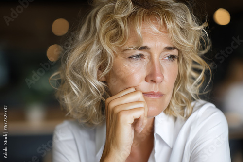 A thoughtful woman gazes into the distance lost in her thoughts with a serene expression suggesting deep reflection